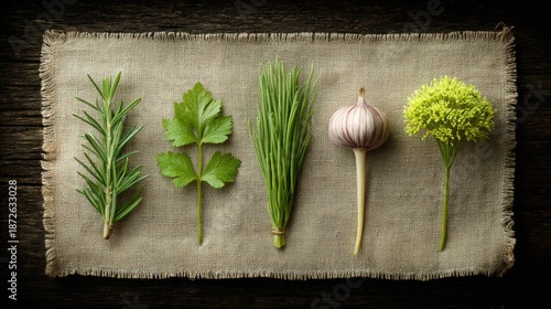 Wallpaper Mural Fresh Culinary Herbs and Garlic on Rustic Fabric Background Torontodigital.ca
