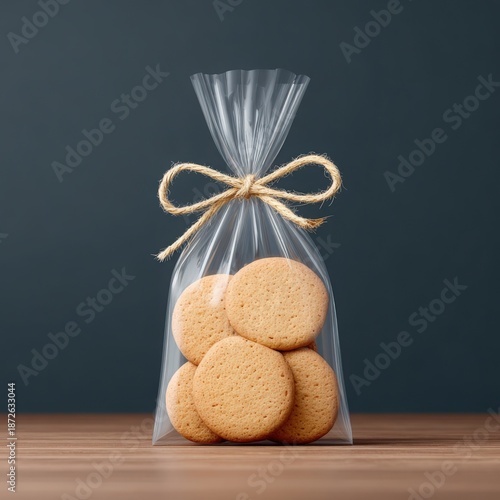 Wallpaper Mural Clear plastic bag filled with round cookies on wooden table surface Torontodigital.ca