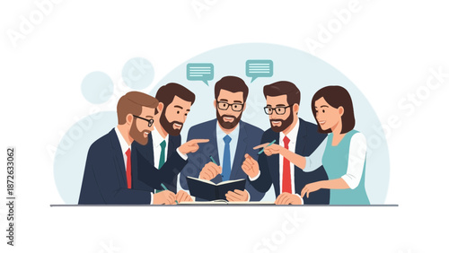 Diverse business team collaborates on project, discussing ideas around a table.