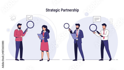 Business People Examining Strategic Partnership with Magnifying Glass