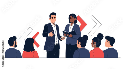 Diverse team meeting, presentation, and discussion in modern business office