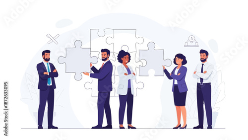 Diverse business team assembling puzzle pieces, symbolizing collaboration and strategy
