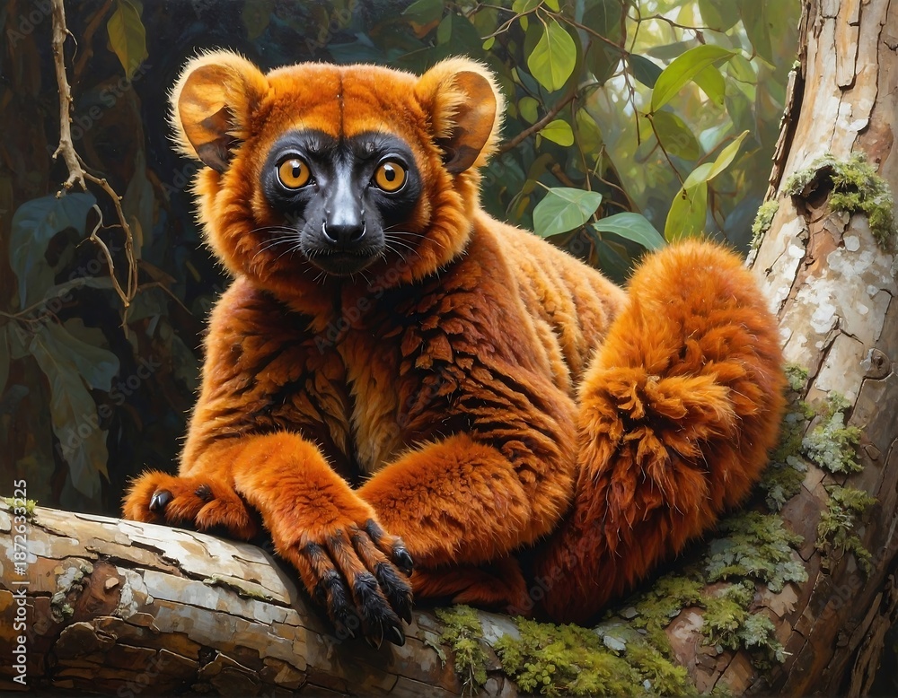 Fototapeta premium A stunning, detailed portrait of a lemur with vibrant orange fur and piercing eyes, resting on a mossy branch