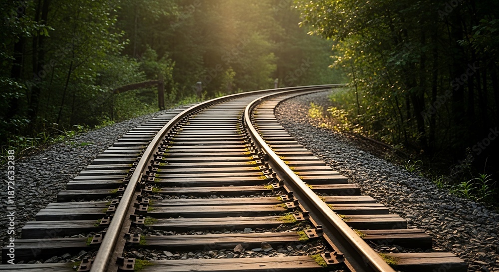 Fototapeta premium Railway tracks in forest landscape curving.