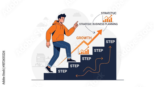 Man climbing stairs representing business growth and strategic planning