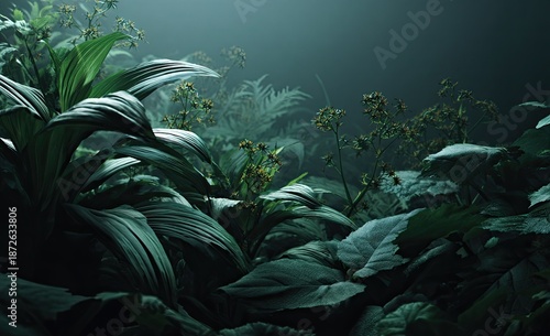 Lush, moody foliage, dense and green, illuminated by a soft, diffuse light creating a mystical scene
