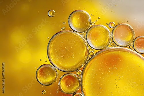 Close-up of golden-yellow oil droplets floating on water, creating an abstract, bubbly display