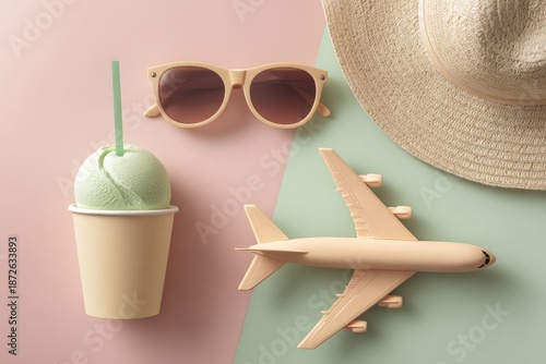 Pastel summer flatlay ice cream, sunglasses, hat, and plane on pink and green