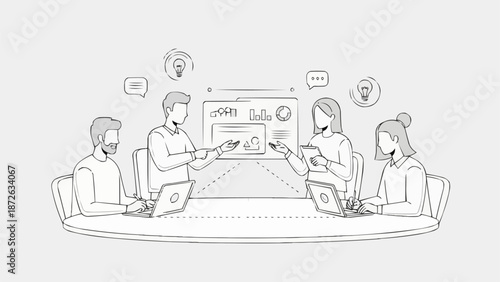 Business meeting with diverse team collaborating around a table.