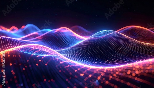 Abstract Digital Waves of Neon Light and Particles.