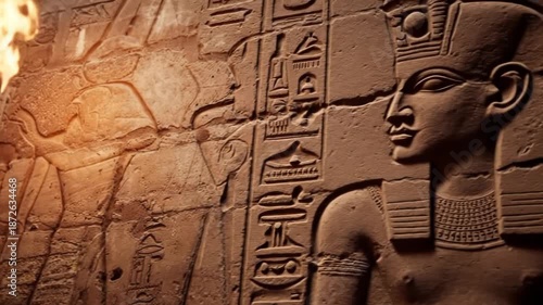 Wallpaper Mural Illuminated ancient stone carvings and hieroglyphs, a torch lights the surface Torontodigital.ca