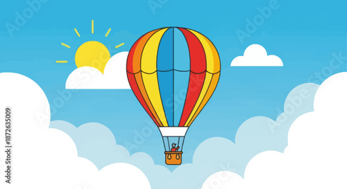 A colorful hot air balloon floats peacefully in a bright blue sky.