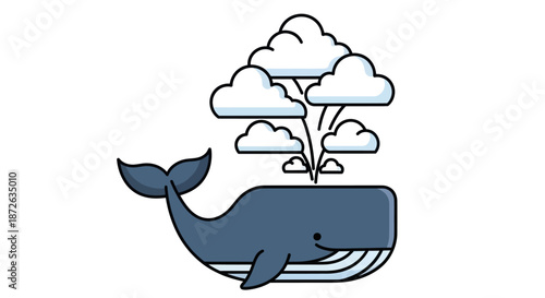 Cute cartoon whale spouting whimsical clouds illustration.