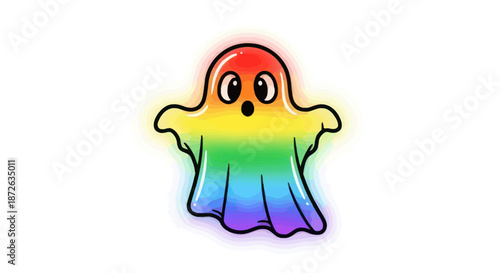 Cute rainbow ghost floating with a surprised expression.