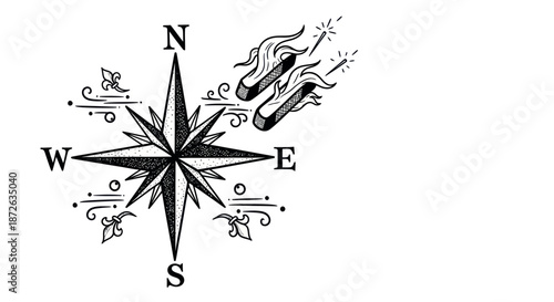Old School Tattoo Style Compass Rose with Flying Rockets, a Symbol of Adventure and Direction