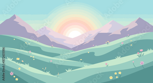 Stylized mountain landscape with green hills and pastel flowers at sunrise.