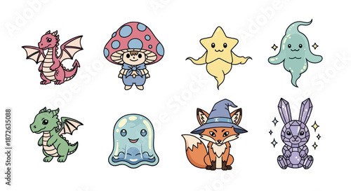 Cute Fantasy Creatures Cartoon Vector Set