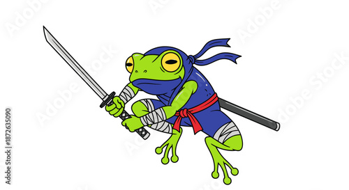 A cartoon ninja frog character holding a sword in a dynamic pose.