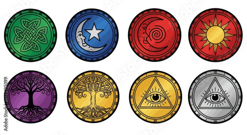 Collection of diverse mystical and spiritual symbols in a vibrant illustrative style