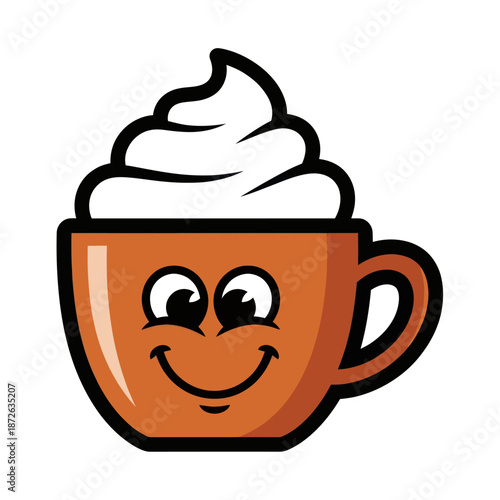 A cute cartoon coffee cup with a happy face and whipped cream topping.