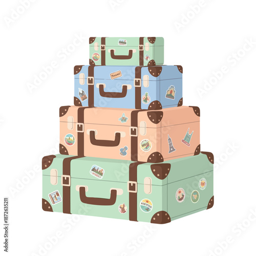 Colorful stack of vintage travel suitcases with destination stickers.