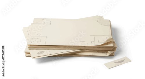 A stack of old architectural blueprints and a small paper with a feather drawing.