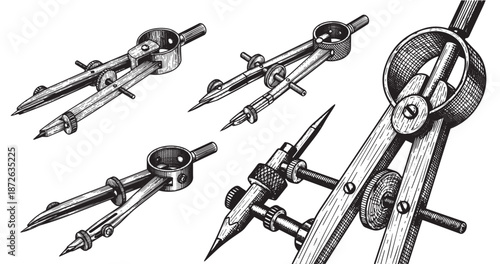 Architect compass engraving illustration for professional branding