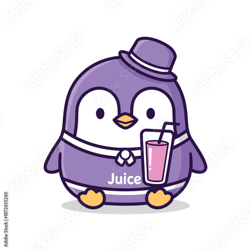 Purple Penguin Character with Juice Drink Vector Illustration