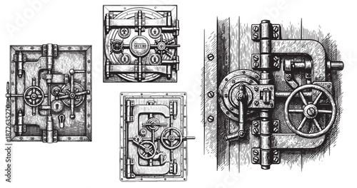 Bank vault door engraving illustration for security branding