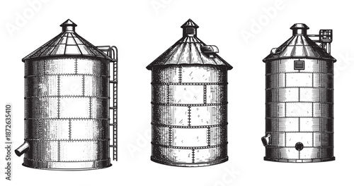 Grain silo engraving illustration for agricultural industry branding
