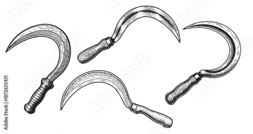 Harvest sickle engraving illustration for agricultural branding