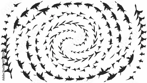 Dynamic spiral of sharks swimming in unison ocean scene