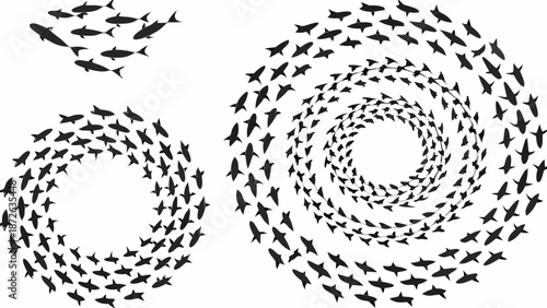 School of fish swimming in spiral formation with outliers