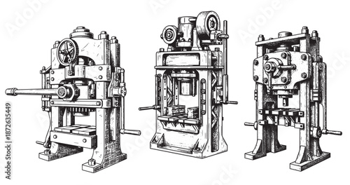 Industrial press machine engraving illustration for manufacturing branding
