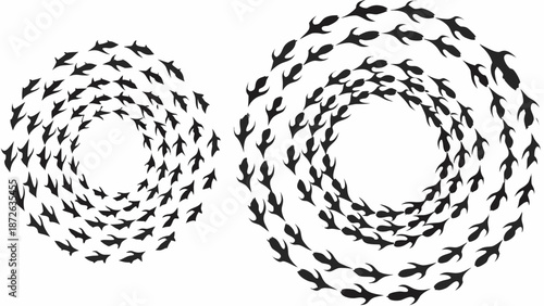 Dynamic swirling school of fish in circular formations