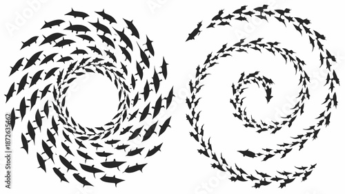 Dynamic spiral school of fish swimming in unison