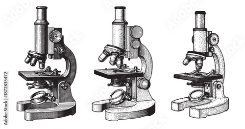 Laboratory microscope engraving illustration for scientific branding