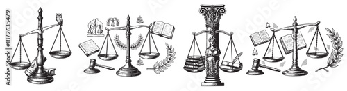 Justice scale engraving illustration for legal firm branding