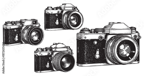 Vintage camera engraving illustration for photography branding
