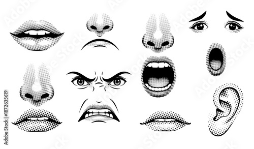 Monochrome halftone lips, nose, mouth and ear vector illustration set