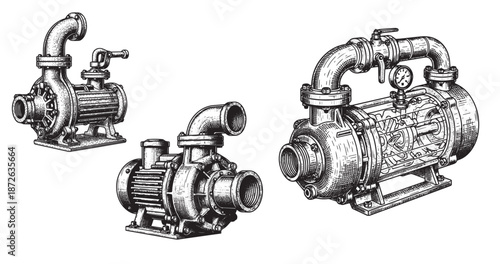 Water pump engraving illustration for irrigation equipment branding