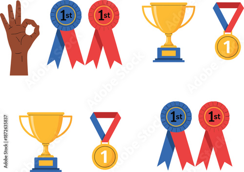 Winner award and achievement vector set with trophy cups, gold medals, first place ribbons, and success hand gesture icons