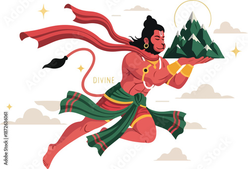 Vector illustration of Lord Hanuman flying with a mountain in his hands, depicted in a dynamic pose against a cloudy sky with a divine aura. Perfect for Hindu mythology, religious