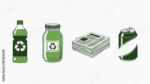 Recyclable items including plastic bottle, jar, newspaper, and crushed can depicted in a simple illustration