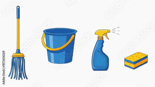 Cleaning supplies including a broom, bucket, spray bottle, and sponge are arranged neatly on a white background
