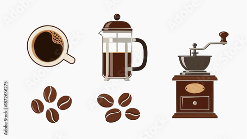 Coffee Preparation Scene with Grinder, Beans, and Brewed Coffee in a Modern Kitchen Setting