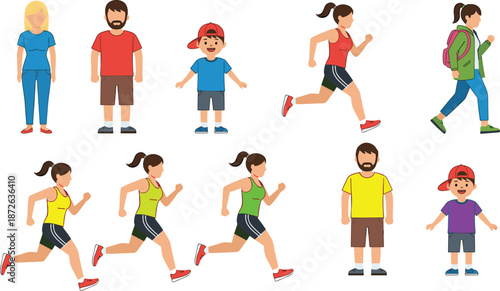 Active people character vector set with men, women, and kids running, walking, hiking, and sports activities