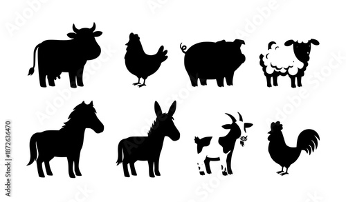 Cute cartoon farm animals vector set with happy cow, pig, chicken, sheep, horse, and goat illustrations