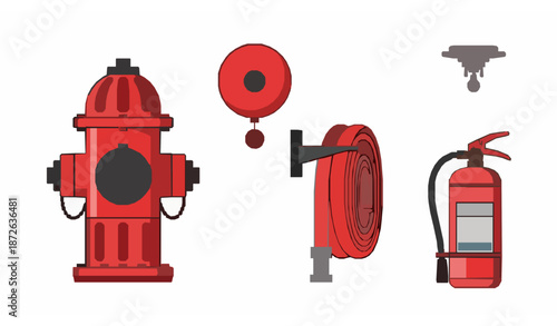 Minimalist cartoon vector set of fire protection devices with hydrant, hose, extinguisher, alarm, and sprinkler