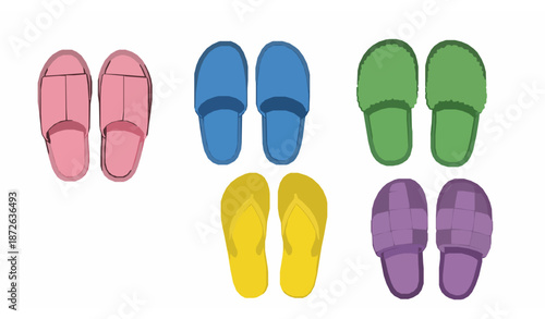 Minimalist flat vector illustration of cozy slippers, flip-flops, and indoor soft shoes for home